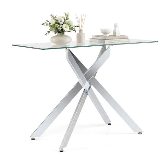Glass Console Table Modern Entryway Table with Clear Tempered Glass Top-Silver-0