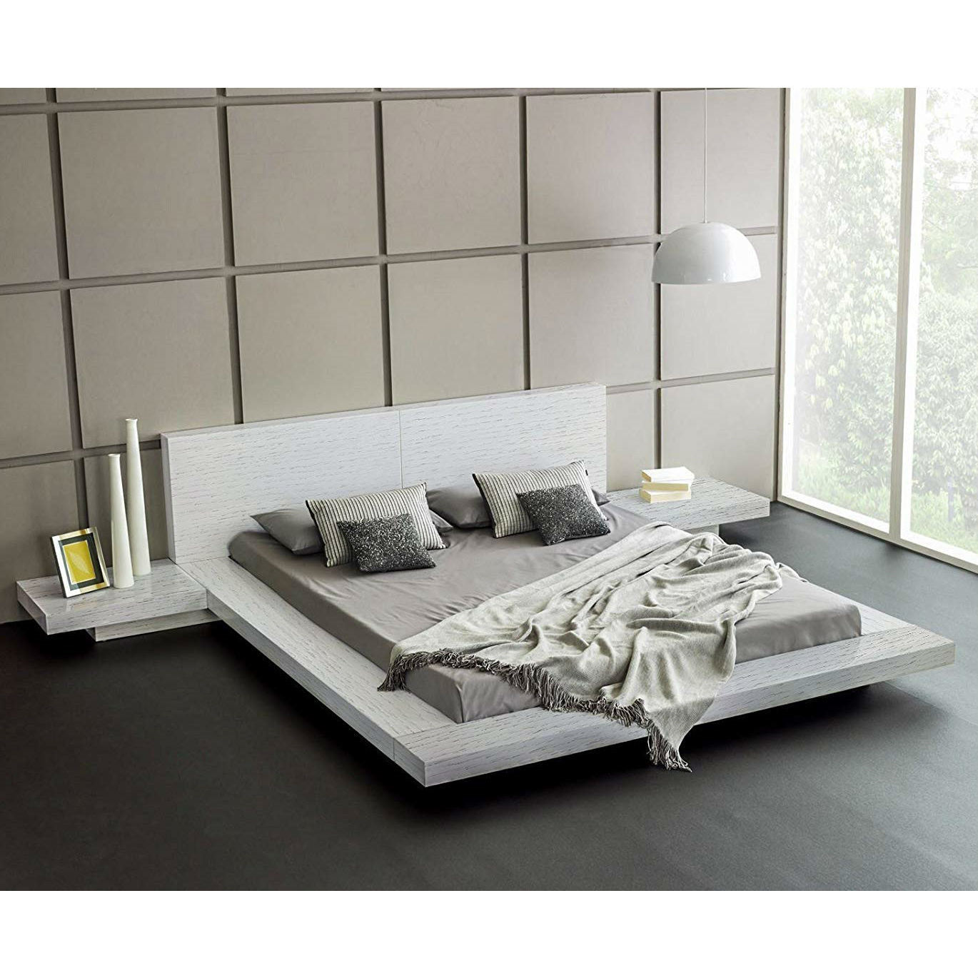 King Modern Platform Bed with Headboard and 2 Nightstand in Ash White-0