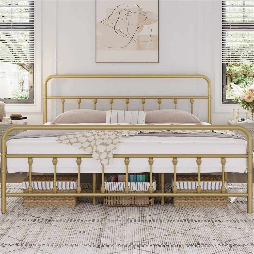 King size Vintage Antique Gold Metal Platform Bed Frame with Headboard Footboard-0