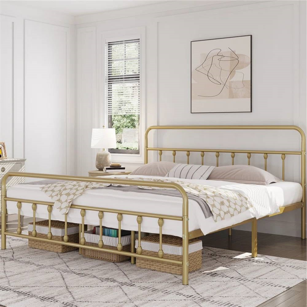 King size Vintage Antique Gold Metal Platform Bed Frame with Headboard Footboard-1