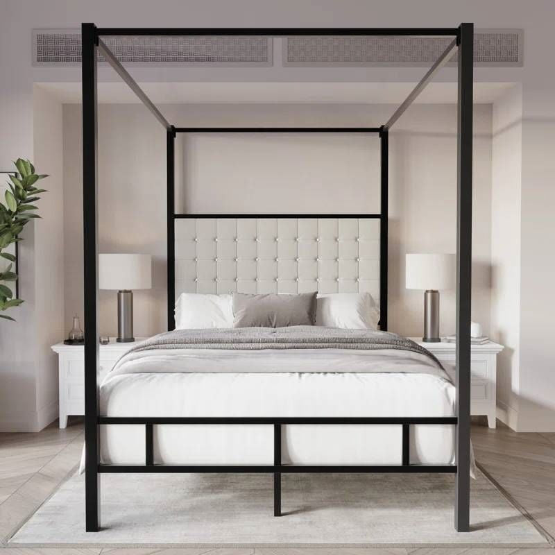 King size Black Metal Canopy Bed with Upholstered Button-Tufted Headboard-0