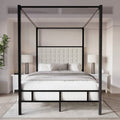 King size Black Metal Canopy Bed with Upholstered Button-Tufted Headboard-0