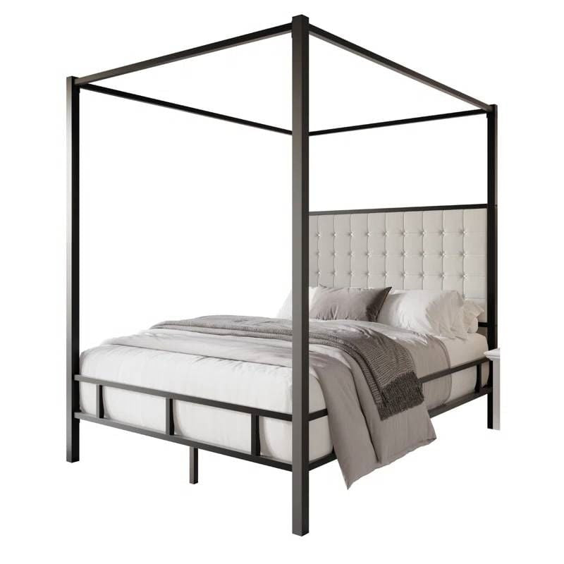 King size Black Metal Canopy Bed with Upholstered Button-Tufted Headboard-2