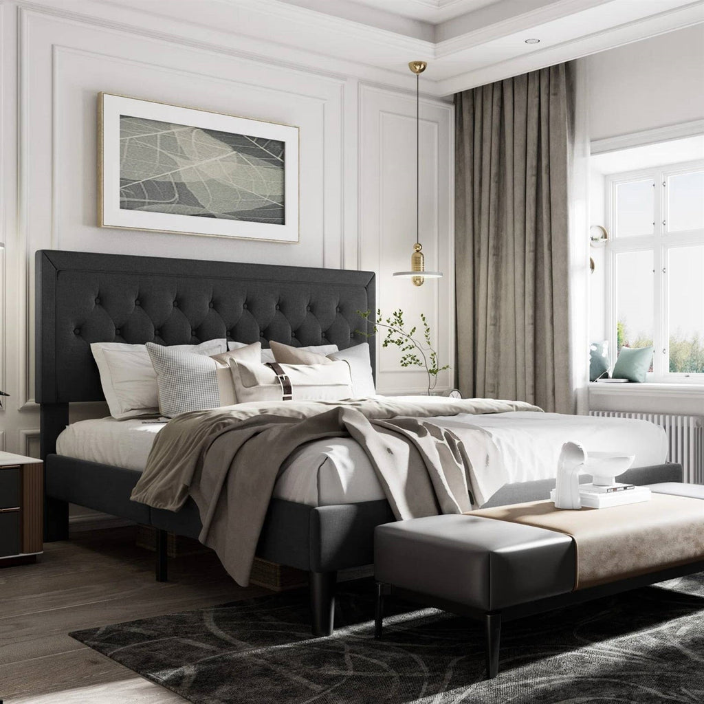 King Black Linen Upholstered Platform Bed Frame with Button-Tufted Headboard-1