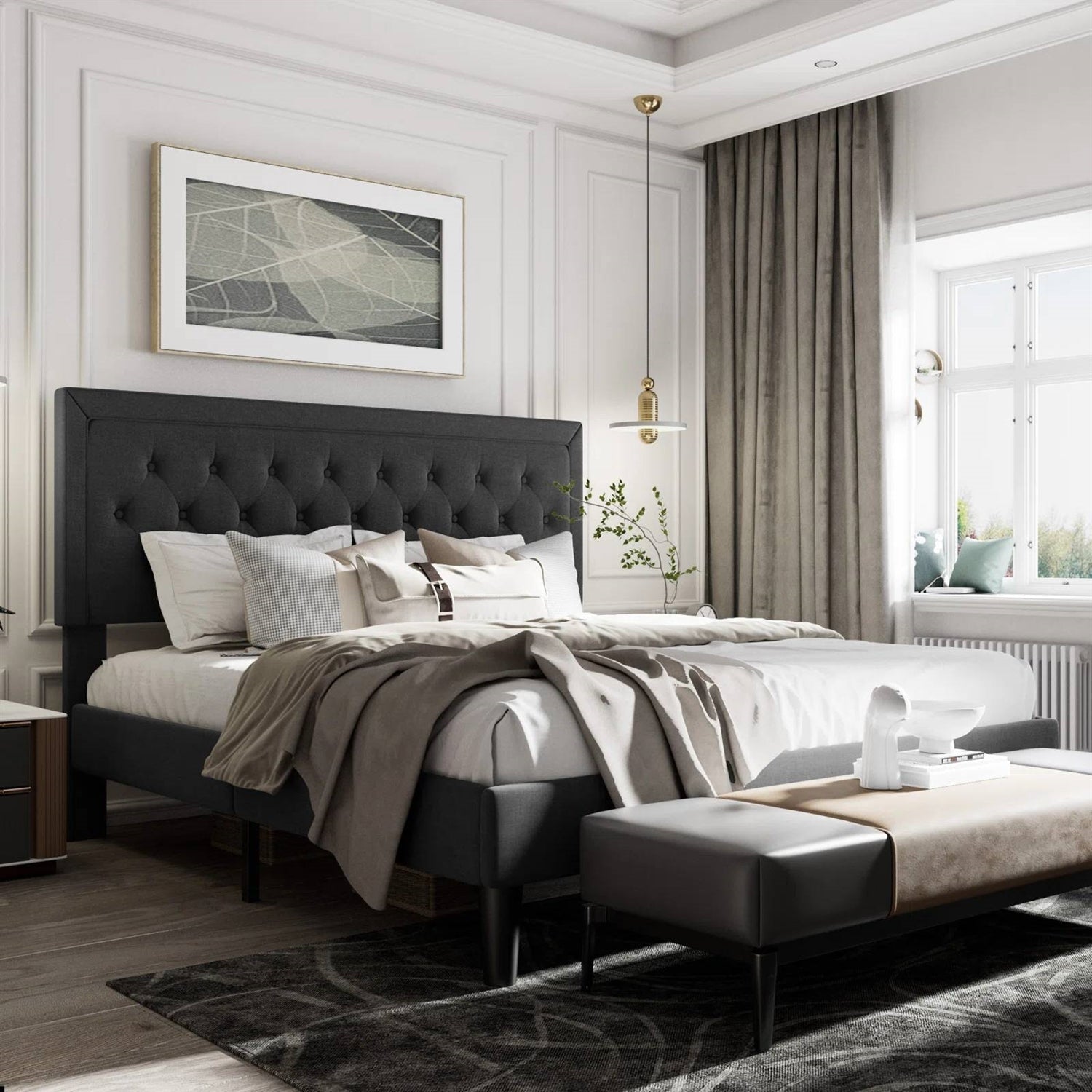 King Black Linen Upholstered Platform Bed Frame with Button-Tufted Headboard-1