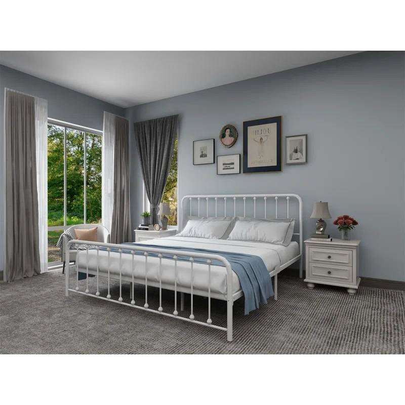 King White Metal Platform Bed Frame with Rounded Corners Headboard Footboard-2