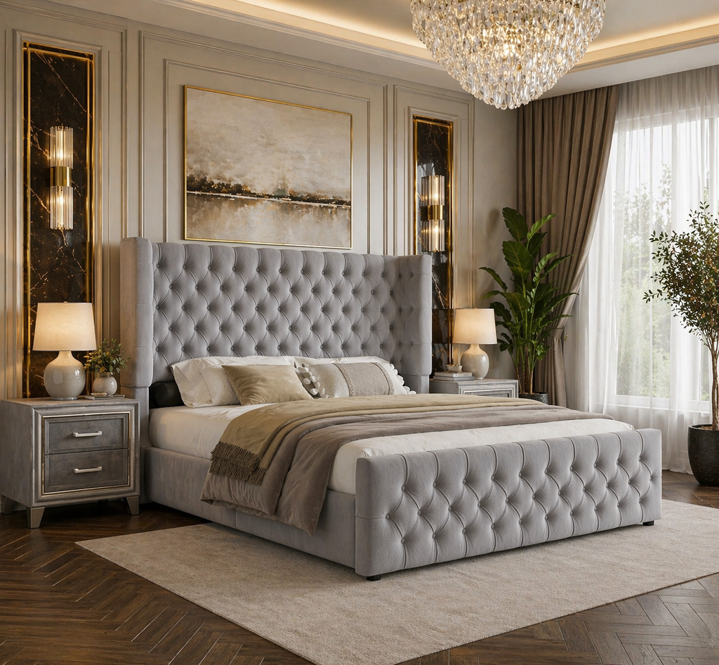 King Platform Bed with Curved Wingback Headboard & 2 Velvet Nightstands Grey Set-2