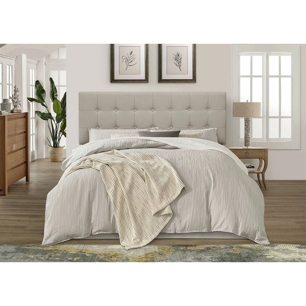 Full size Button-Tufted Headboard in Light Grey Taupe Beige Upholstered Fabric-1