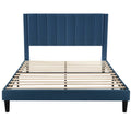 Full size Modern Navy Blue Velvet Upholstered Platform Bed with Headboard-0