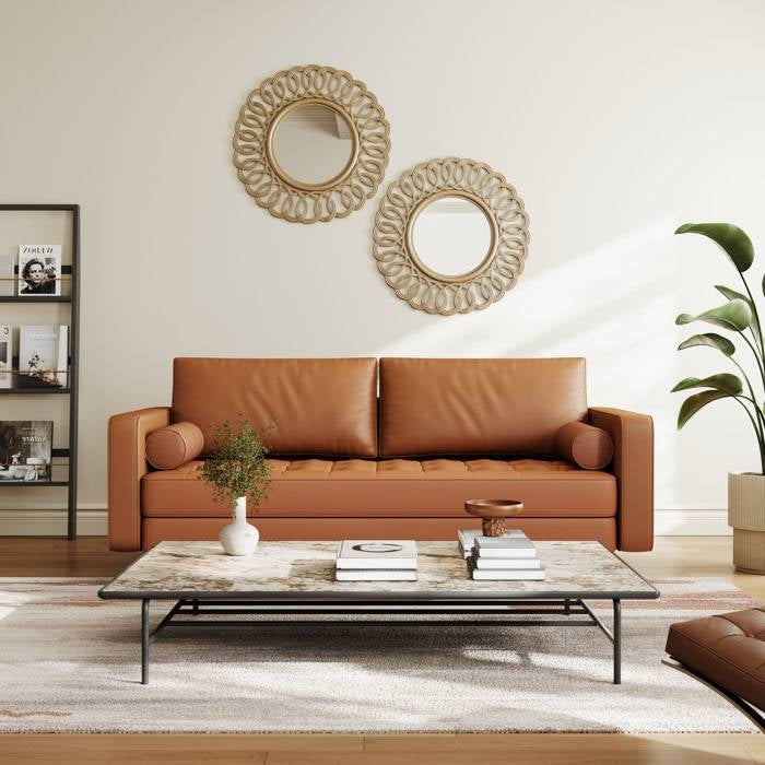 Terracotta Upholstered Faux Leather Sofa w/ Pillows Solid Hardwood Legs-0