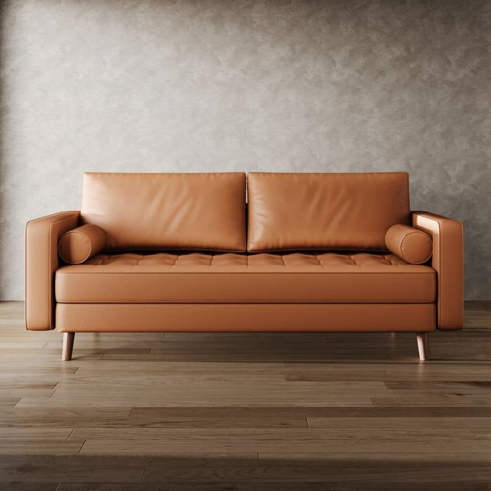 Terracotta Upholstered Faux Leather Sofa w/ Pillows Solid Hardwood Legs-1