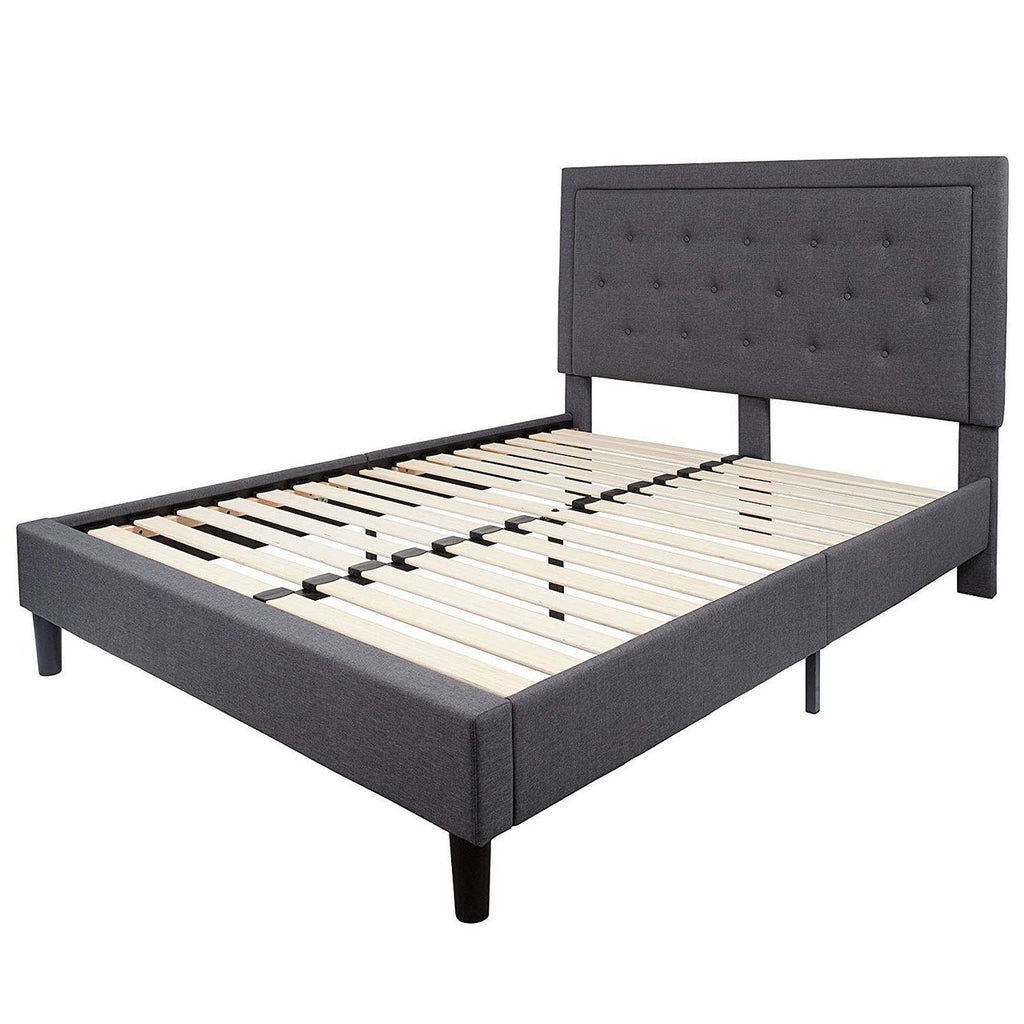 Queen size Dark Gray Fabric Upholstered Platform Bed Frame with Headboard-2