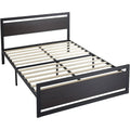 Full Black Metal Platform Bed Frame with Wood Panel Headboard and Footboard-0