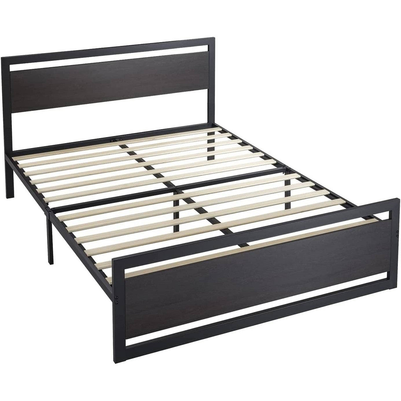 Full Black Metal Platform Bed Frame with Wood Panel Headboard and Footboard-0