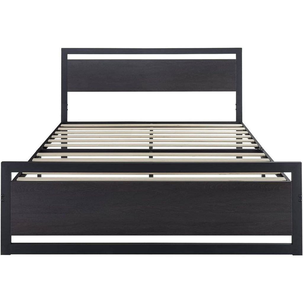 Full Black Metal Platform Bed Frame with Wood Panel Headboard and Footboard-2