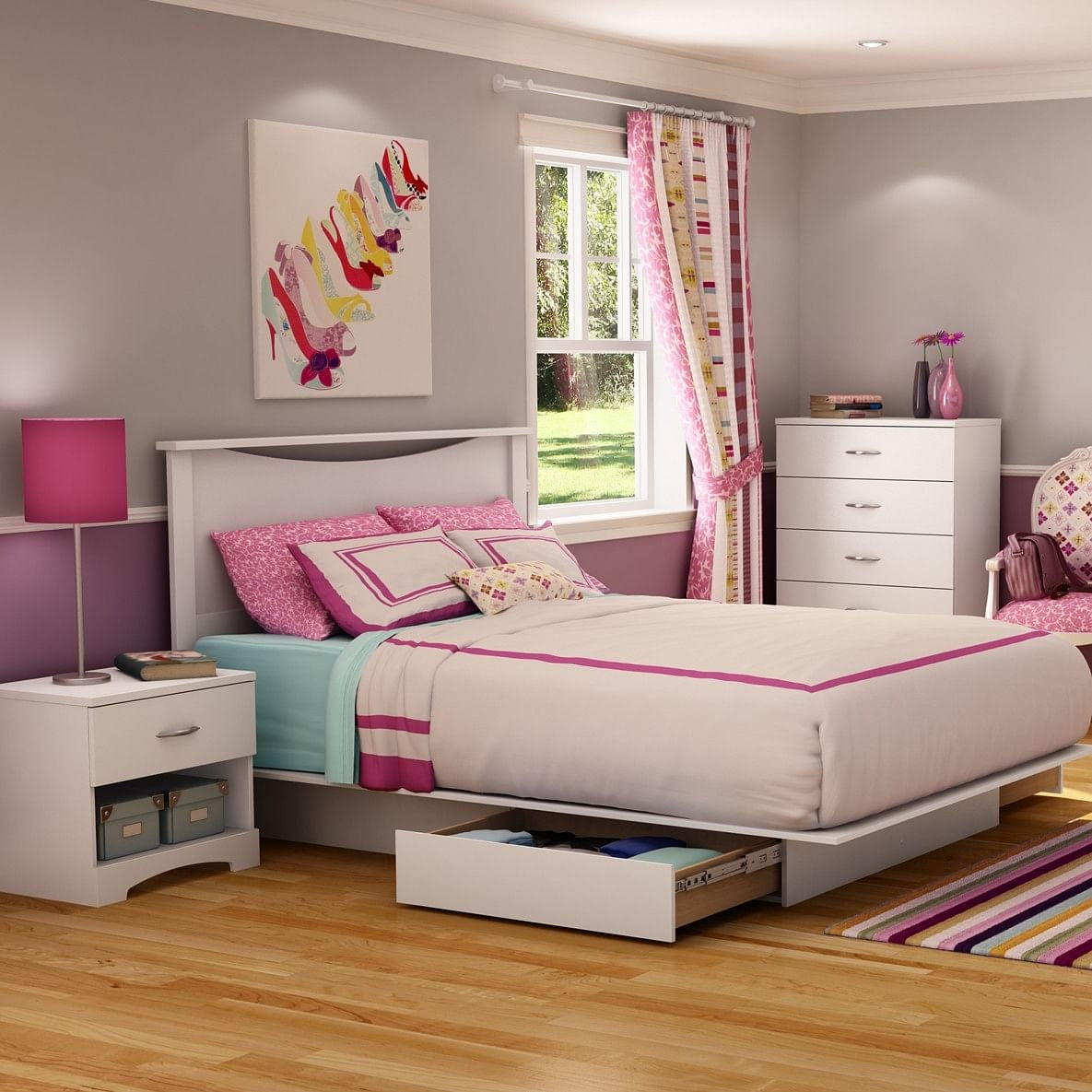 Queen size Modern Platform Bed with 2 Storage Drawers in White Finish-0