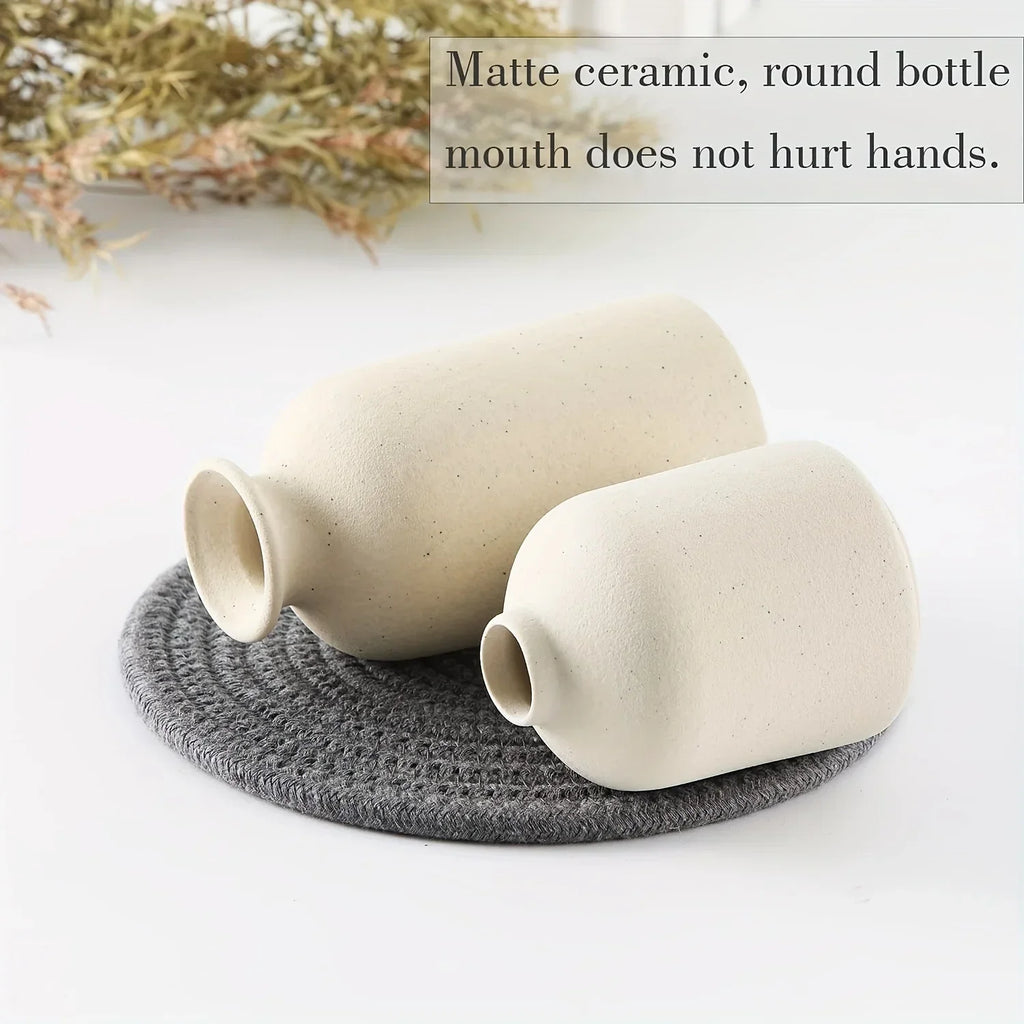 Set of 3 Ceramic Vases Rustic Farmhouse Decorative Beige-2