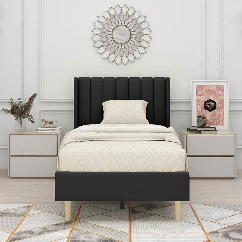 Twin size Mid-Century Black Linen Platform Bed Frame with Upholstered Headboard-0
