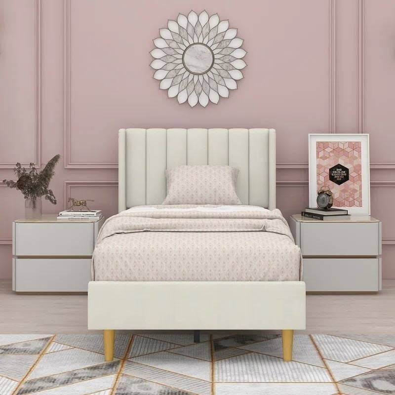 Twin size Mid-Century Platform Bed Frame with Cream Velvet Upholstered Headboard-0