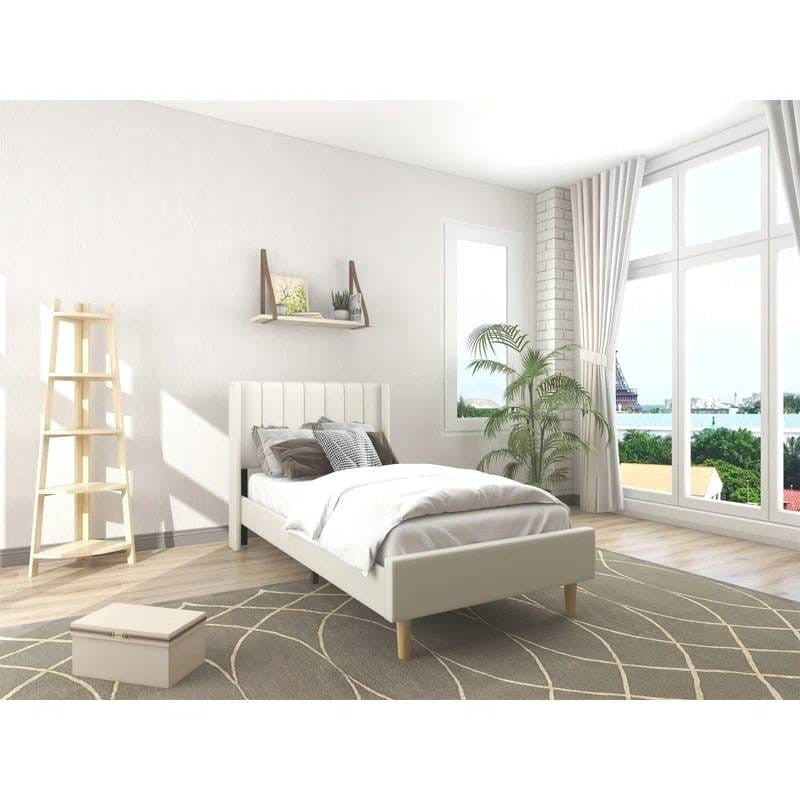 Twin size Mid-Century Platform Bed Frame with Cream Velvet Upholstered Headboard-1