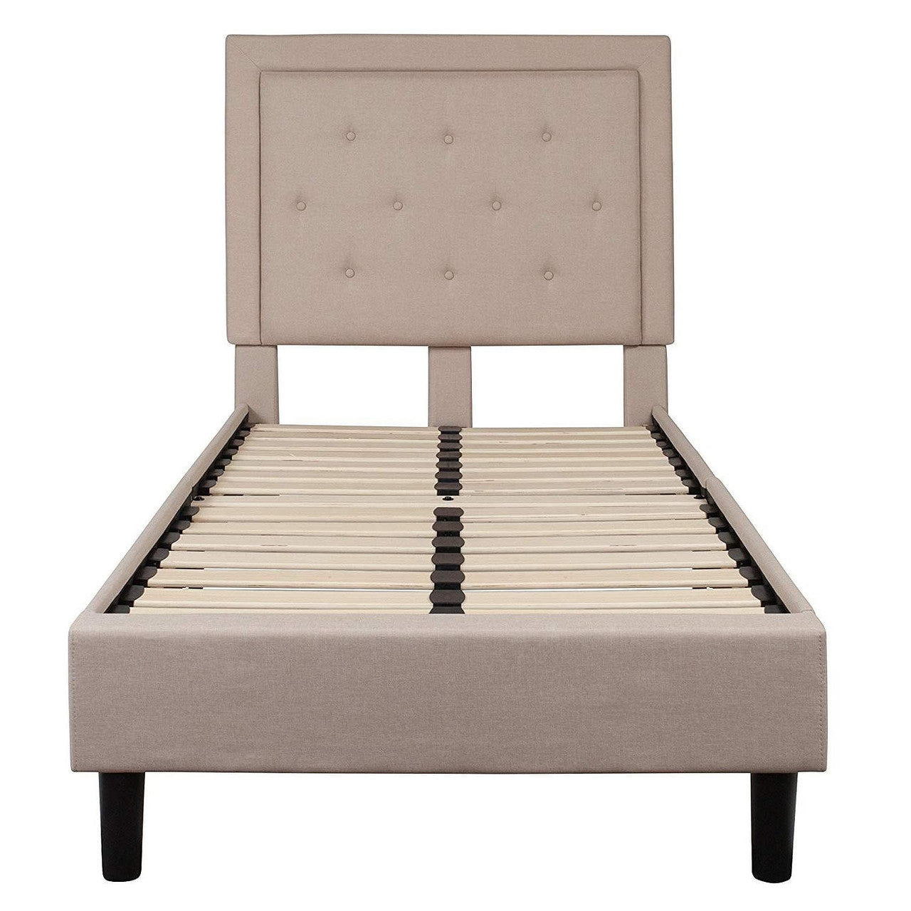 Twin Beige Fabric Upholstered Platform Bed with Button Tufted Headboard-0
