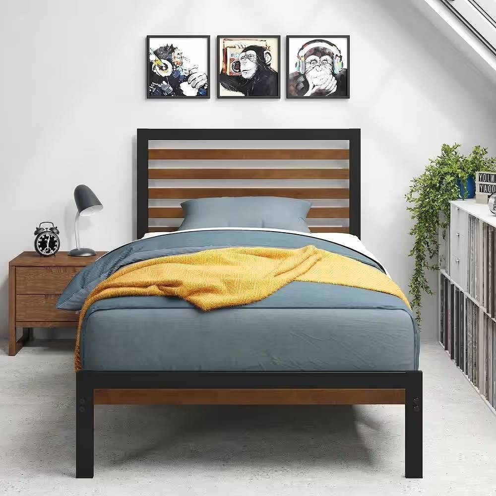 Twin Student Dorm Black Metal Platform Bed Frame with Brown Wood Slat Headboard-0
