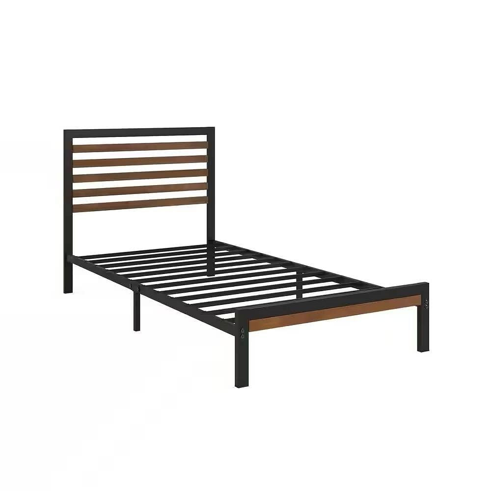 Twin Student Dorm Black Metal Platform Bed Frame with Brown Wood Slat Headboard-1
