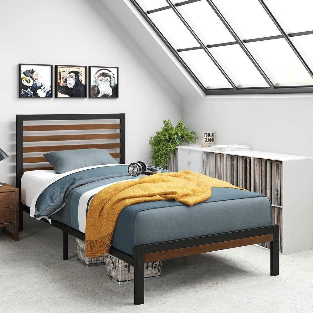 Twin Student Dorm Black Metal Platform Bed Frame with Brown Wood Slat Headboard-2
