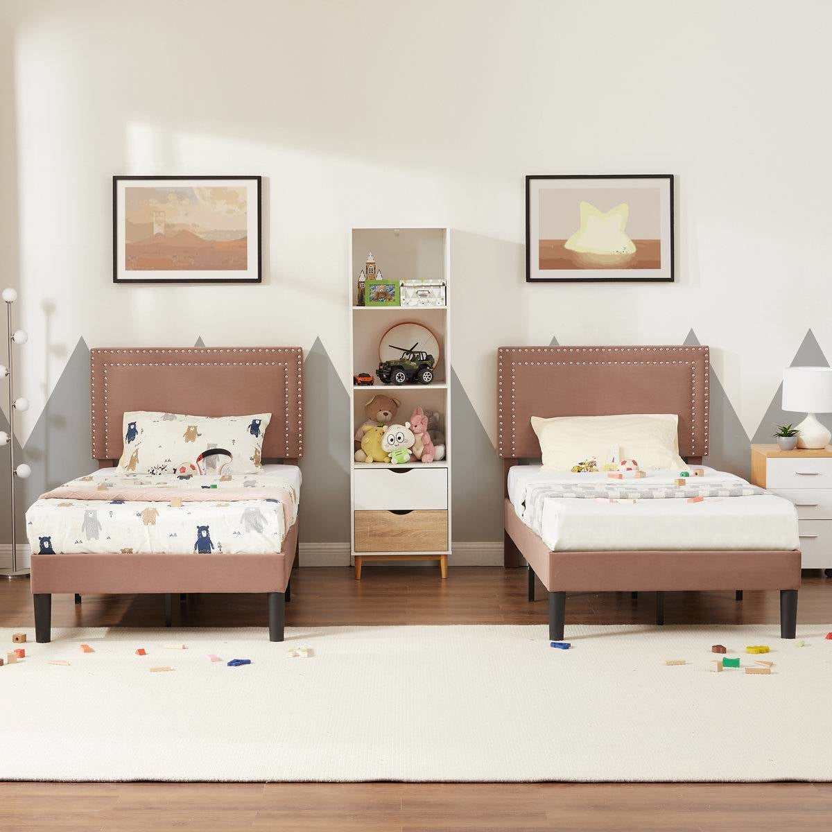 Set of 2 - Twin size Brown Tan Tufted Upholstered Platform Bed with Headboard-0