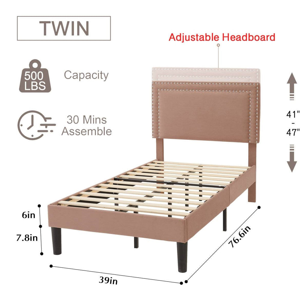 Set of 2 - Twin size Brown Tan Tufted Upholstered Platform Bed with Headboard-4