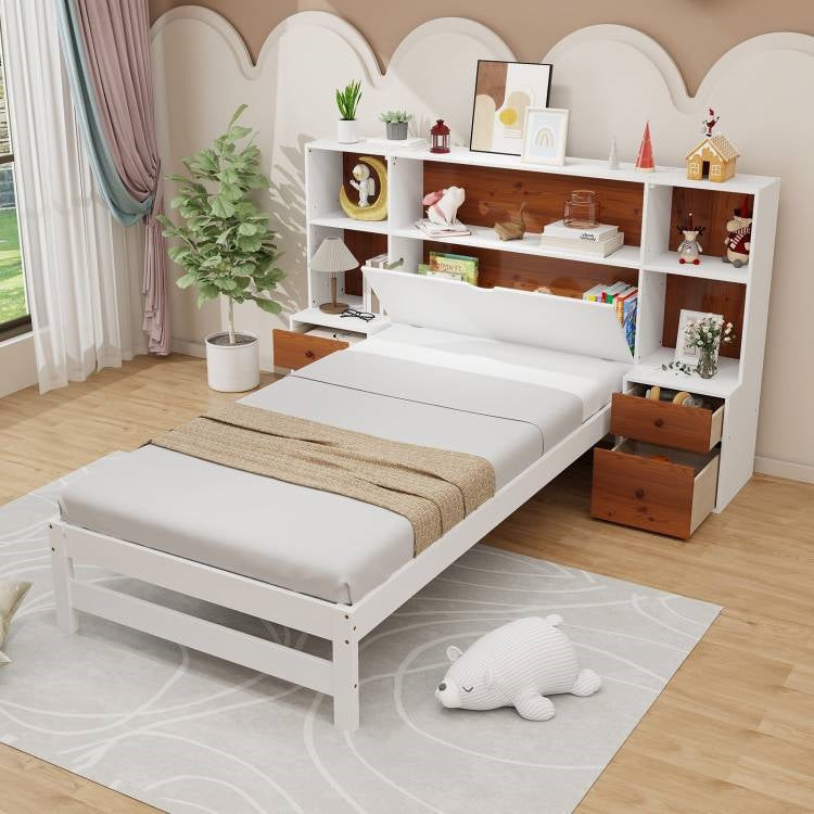 Twin Bed Frame with White Walnut Bookcase Storage Headboard and 2 Nightstands-1