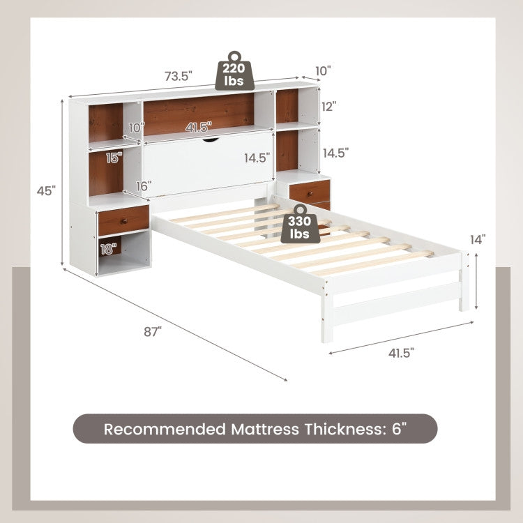 Twin Bed Frame with White Walnut Bookcase Storage Headboard and 2 Nightstands-4