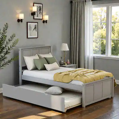 Gray Platform Bed with Twin Trundle and Frame, Solid Wood and MDF Construction, Twin Size
