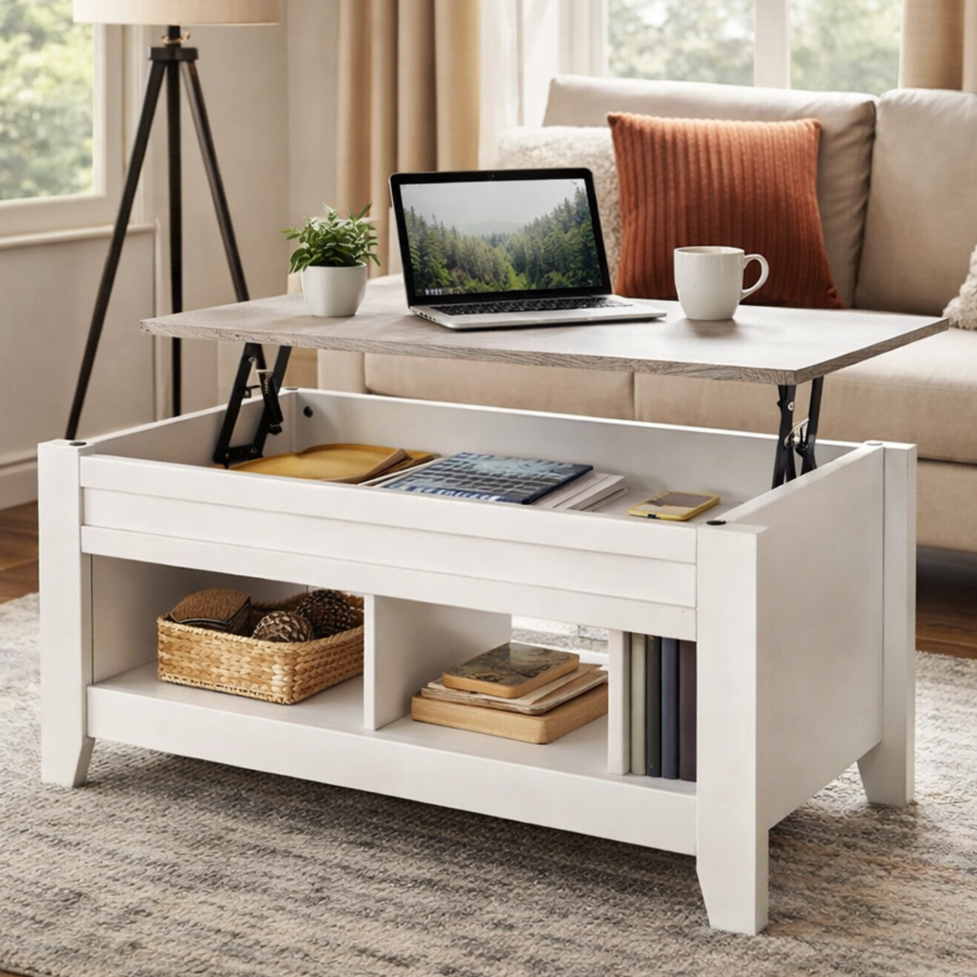 Lift-Top Coffee Table with Hidden Storage & Open Shelves-0