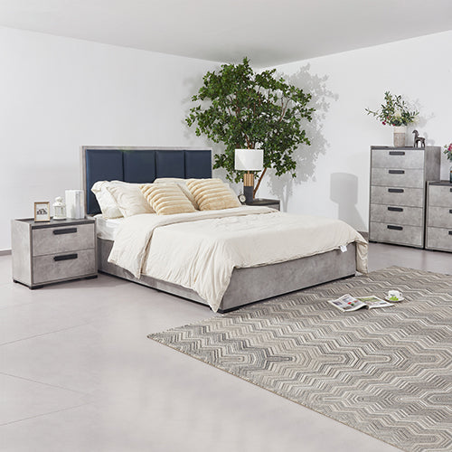 NNEDSZ Queen 4 Pcs Bedroom Suite with Tallboy Fabric Upholstery MDF Combination of Black & Cement Colour-0