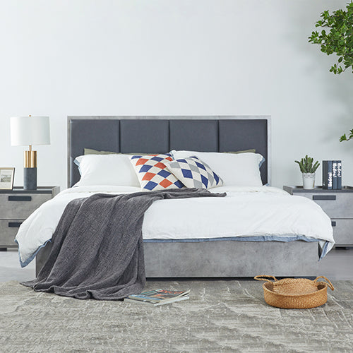 NNEDSZ Queen 4 Pcs Bedroom Suite with Tallboy Fabric Upholstery MDF Combination of Black & Cement Colour-1