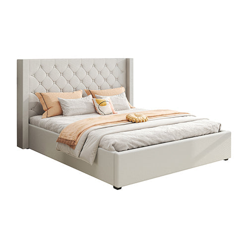 NNEDSZ Veronica Bed Frame Queen Size Winged Grey Linen Fabric Seam Grid Pattern with gas lift plywood metal structure-1