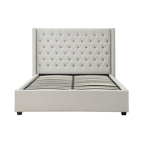 NNEDSZ Veronica Bed Frame Queen Size Winged Grey Linen Fabric Seam Grid Pattern with gas lift plywood metal structure-2
