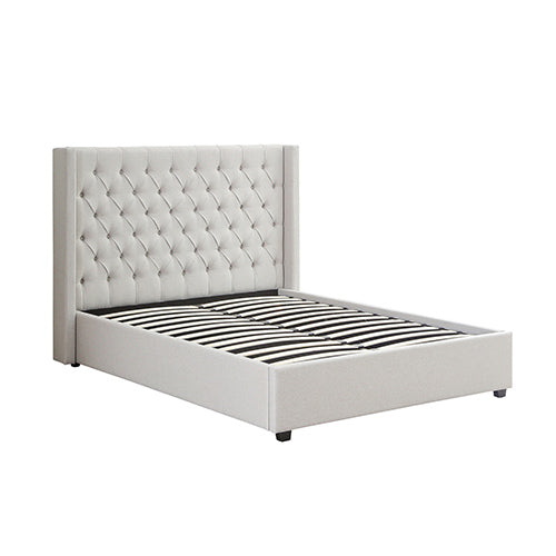 NNEDSZ Veronica Bed Frame Queen Size Winged Grey Linen Fabric Seam Grid Pattern with gas lift plywood metal structure-3
