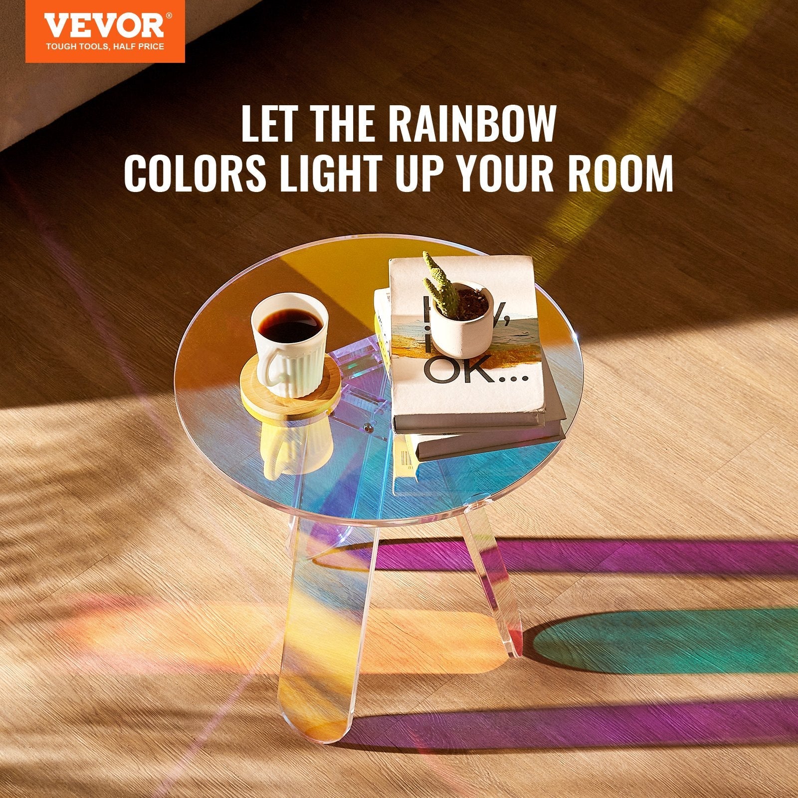 VEVOR Round Iridescent Side Table, Acrylic End Table, Clear Rainbow Acrylic Coffee Table for Drink, Food, Snack used in Living Room, Bedroom, and Study-1