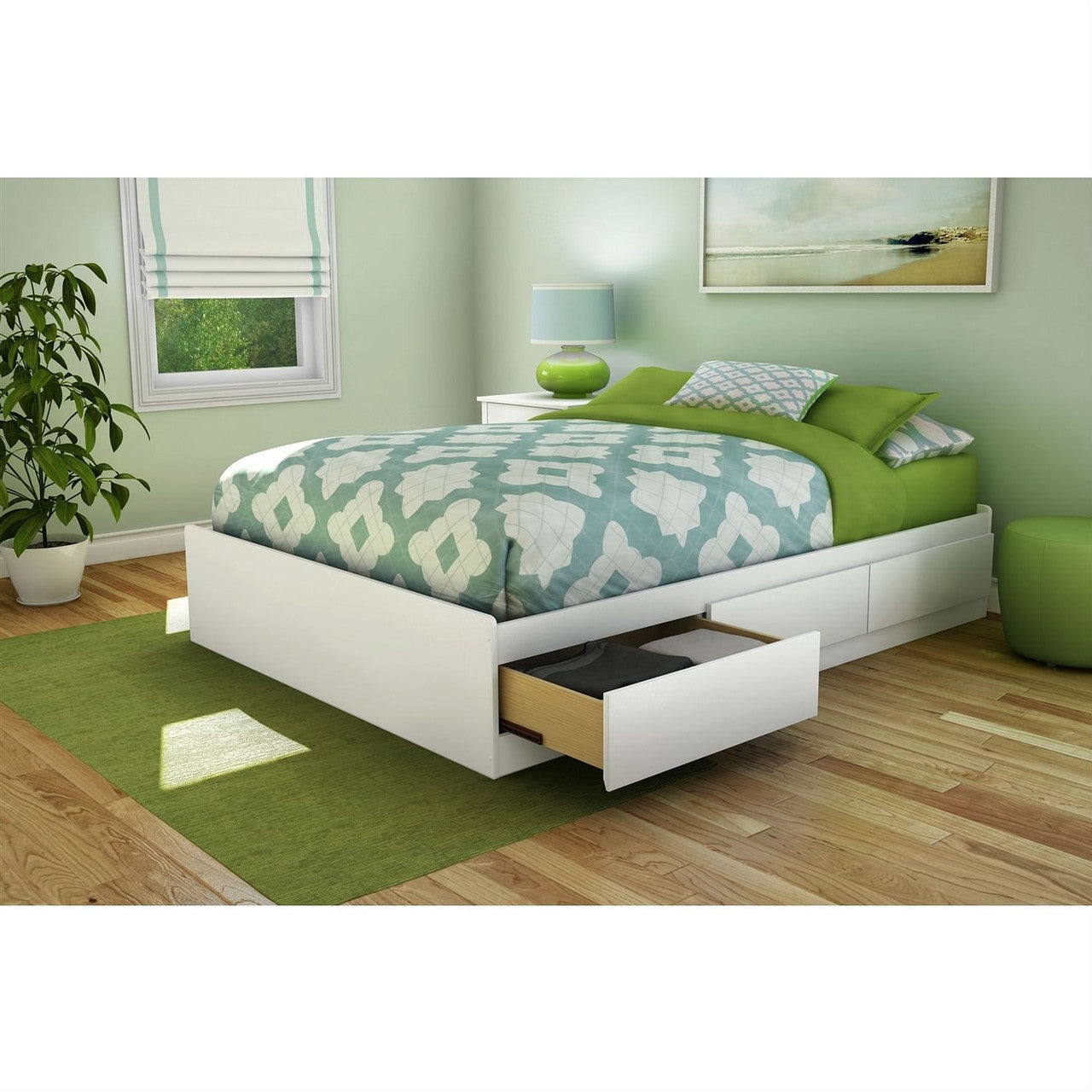 Full size Contemporary Platform Bed with 3 Storage Drawers in White-1