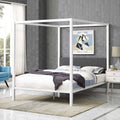 Queen size White Metal Canopy Bed Frame with Grey Fabric Upholstered Headboard-3