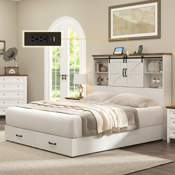 Full White Farmhouse Platform Bed with Bookcase Headboard and Storage Drawers-1
