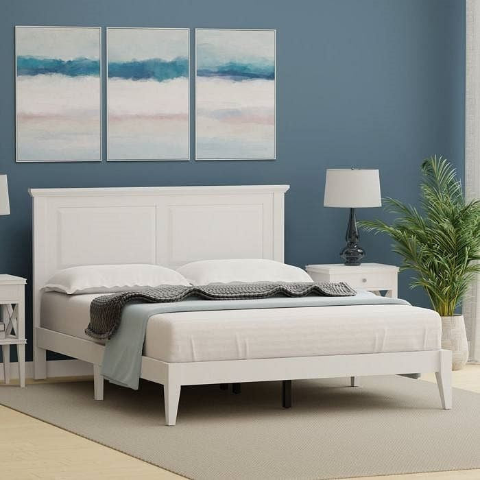 Queen Traditional Solid Oak Wooden Platform Bed Frame with Headboard in White-1