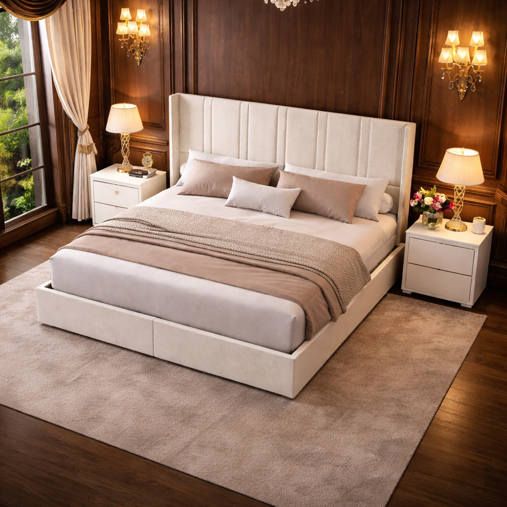 Queen White Wingback Storage Bed with 2 Nightstands Set with Drawers and Channel Tufted Headboard