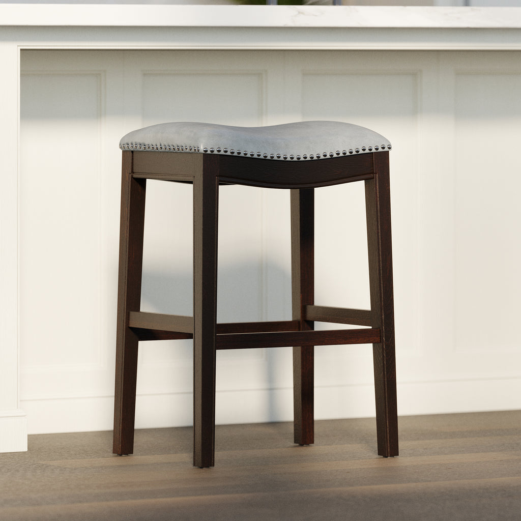 31in. H Bar-Height Wood Barstool with Gray Faux-Leather Seat, 1PC