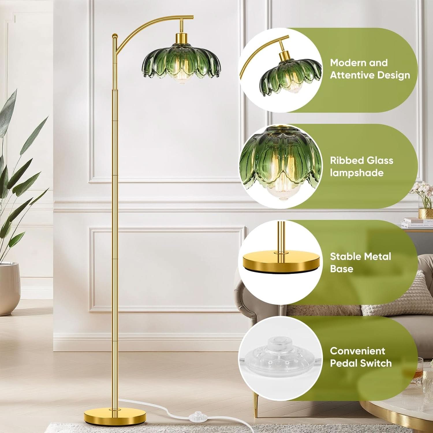 Gold Floor Lamp Arc Mid Century Industrial Green Shade-3