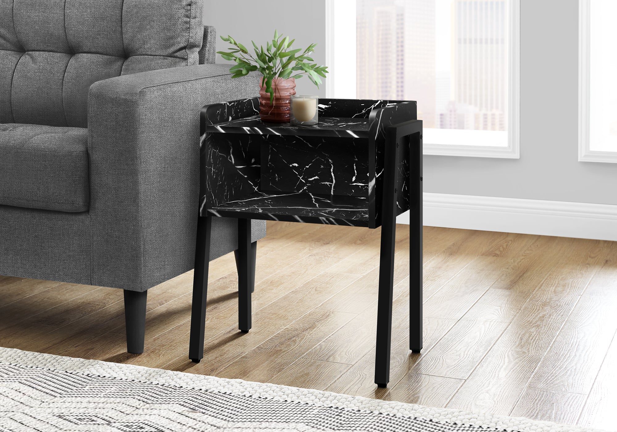Accent Table, Side, End, Nightstand, Lamp, Living Room, Bedroom, Black Marble Look Laminate, Black Metal, Contemporary, Modern