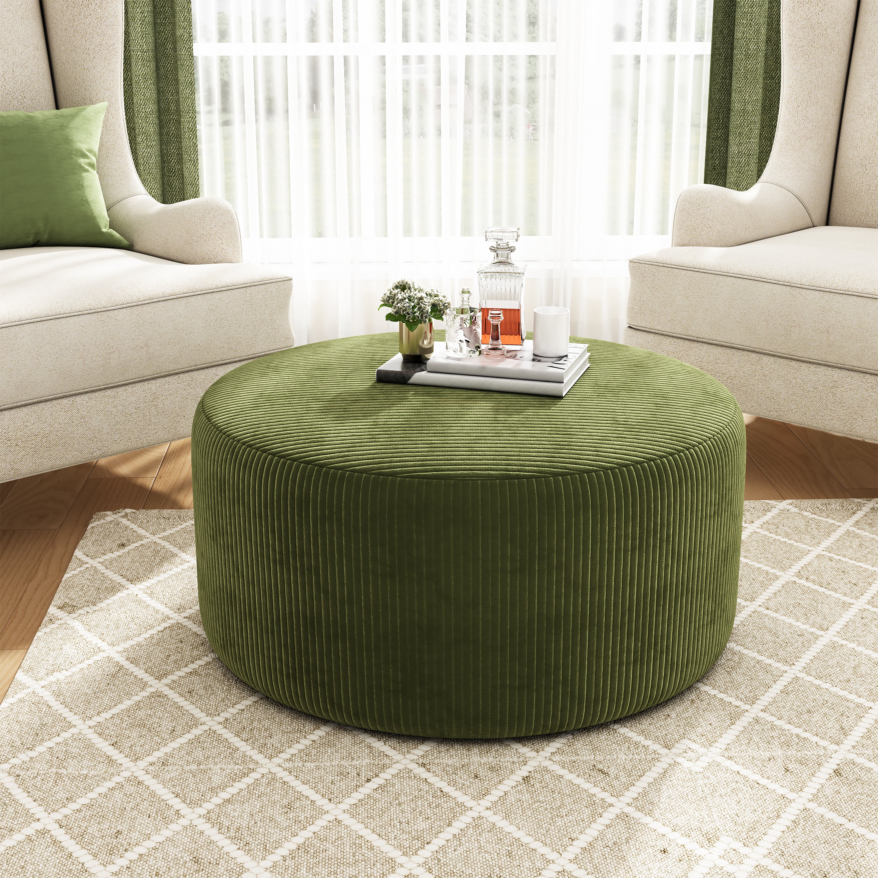 Upholstered Round Ottoman,Olive Green,Corduroy