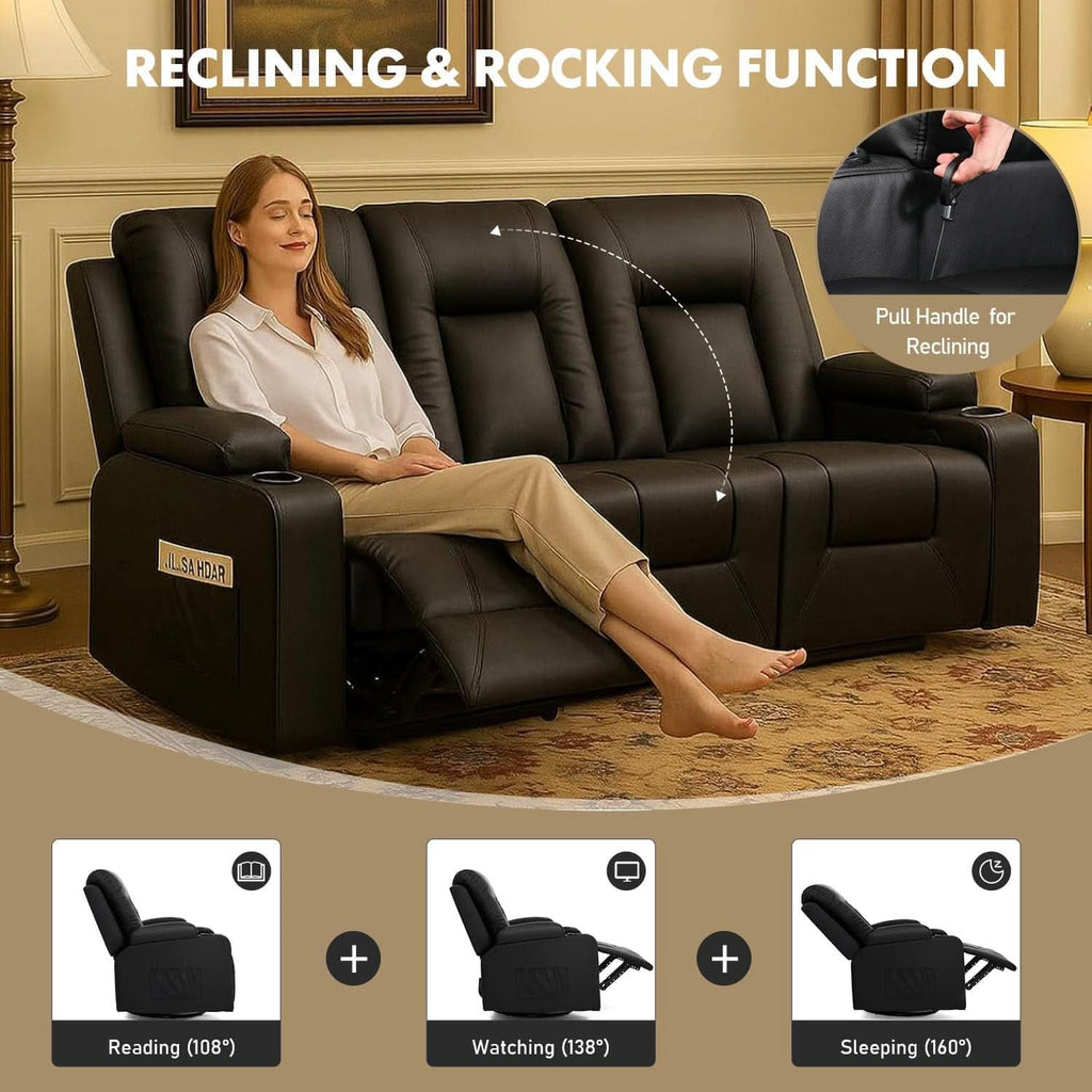 Black Leather Upholstered Manual Recliner Sofa Set-3